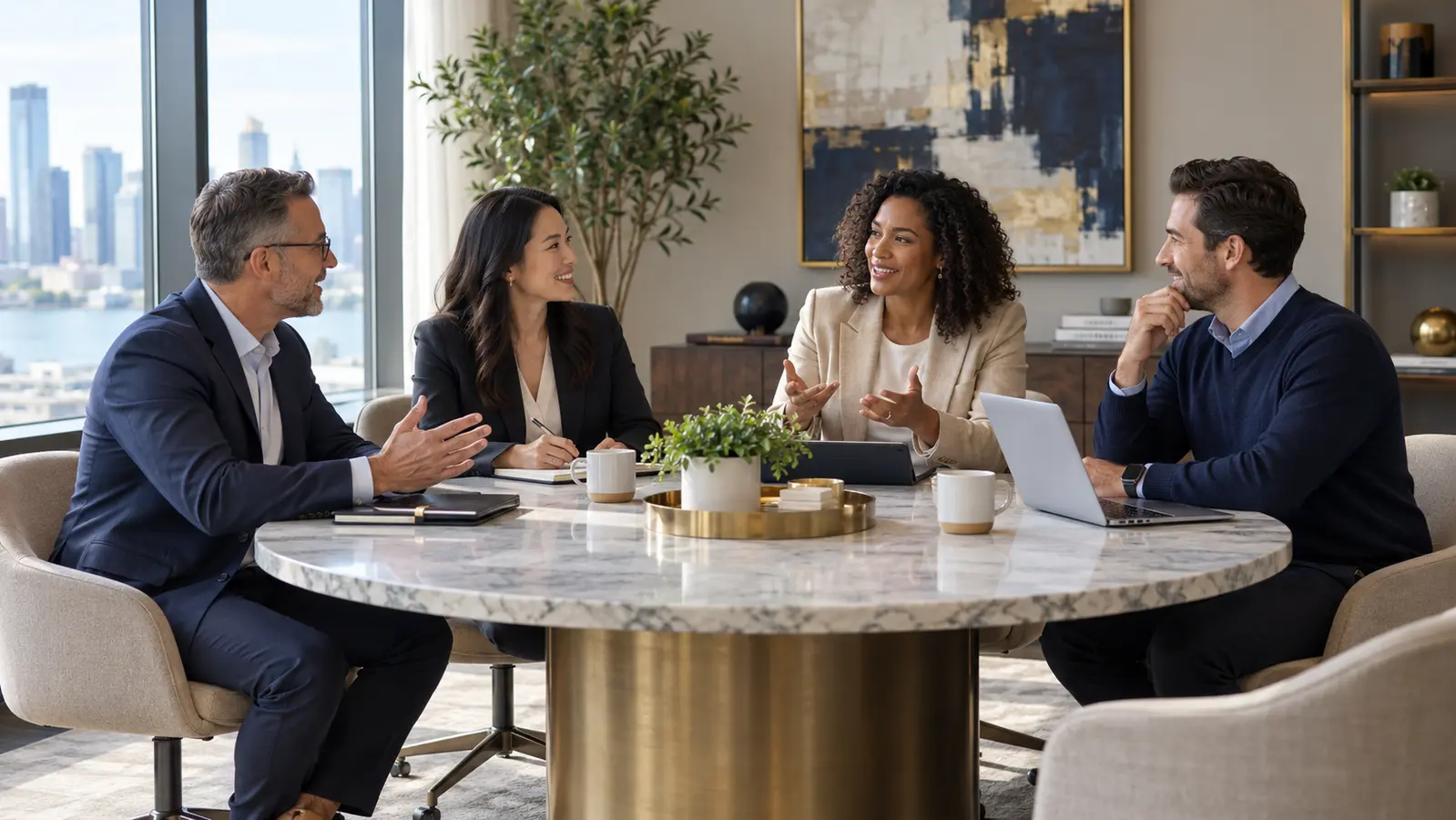 Professional advisors discussing business strategy in a bright conference room.