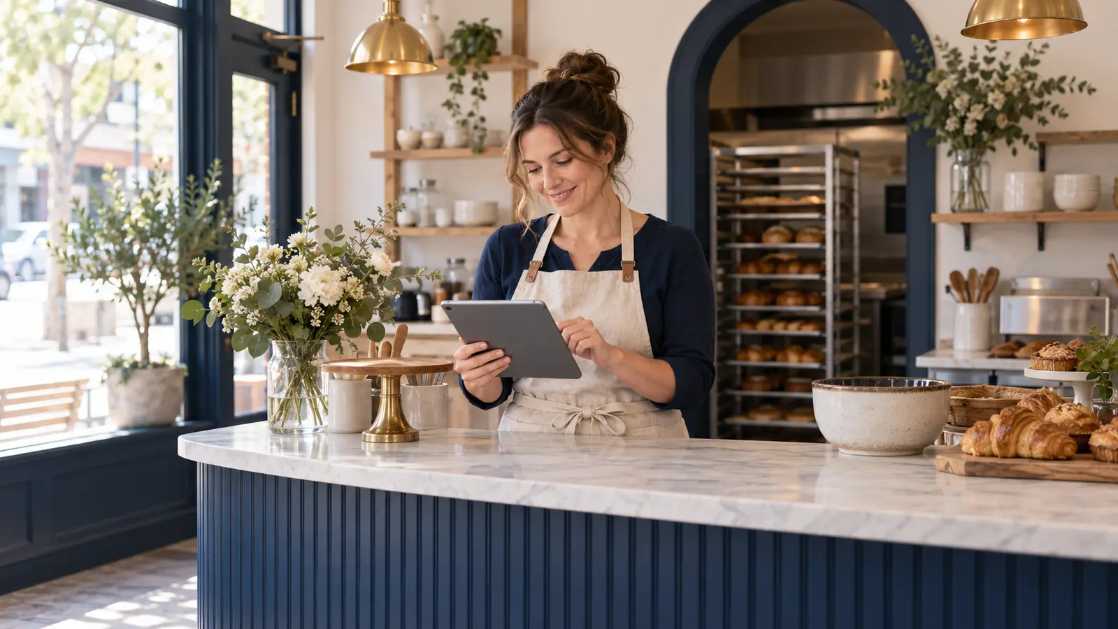 A small-business owner collaborating with a website strategist in a bright workspace.